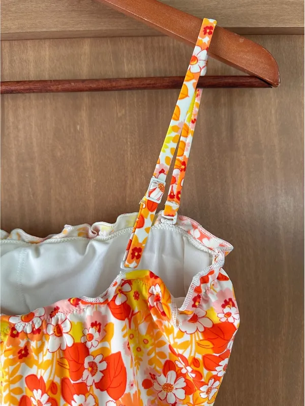 Aerie Tropical Print One Piece Bandeau Swimsuit Retro Floral Women’s Small - Image 5