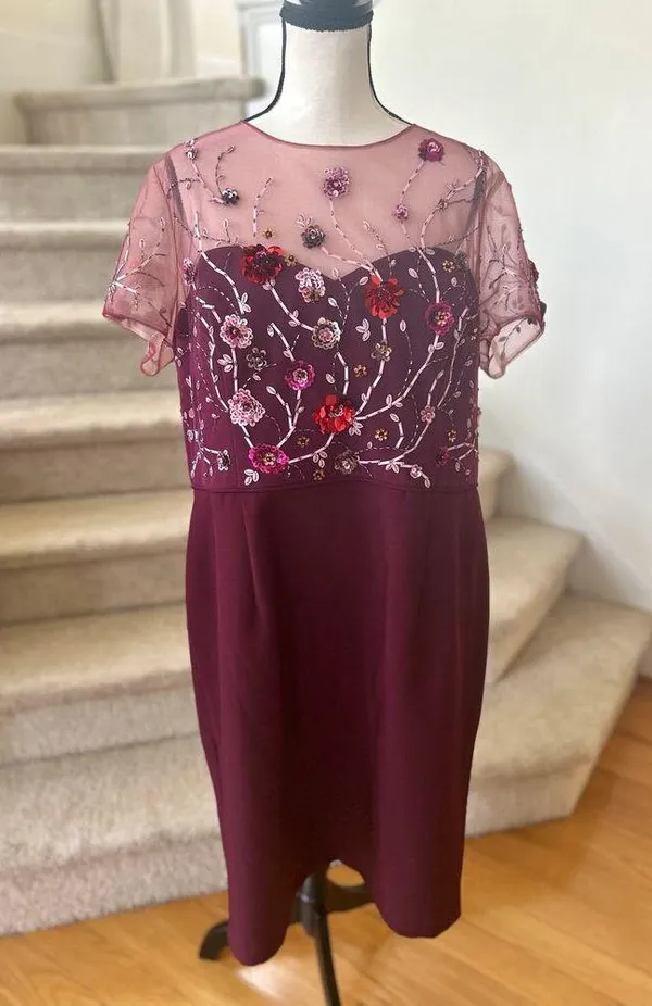 JS Collections Burgundy Red Floral Beaded Illusion Sheath Cocktail Dress - Image 2