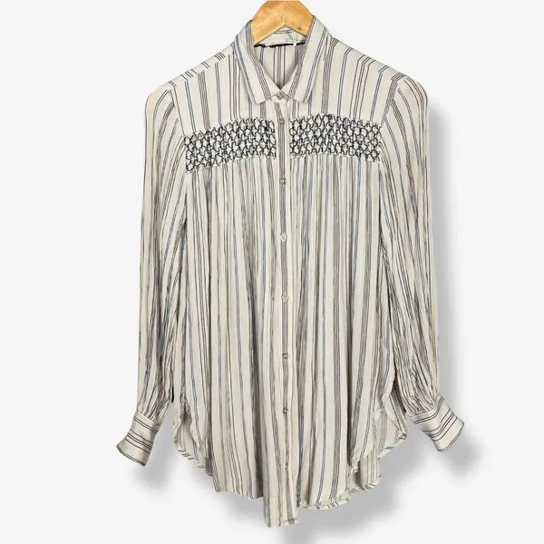Anthropologie Floreat Norfolk Blouse Striped Long Sleeve Shirring Smocked Sz‎ XS - Image 5