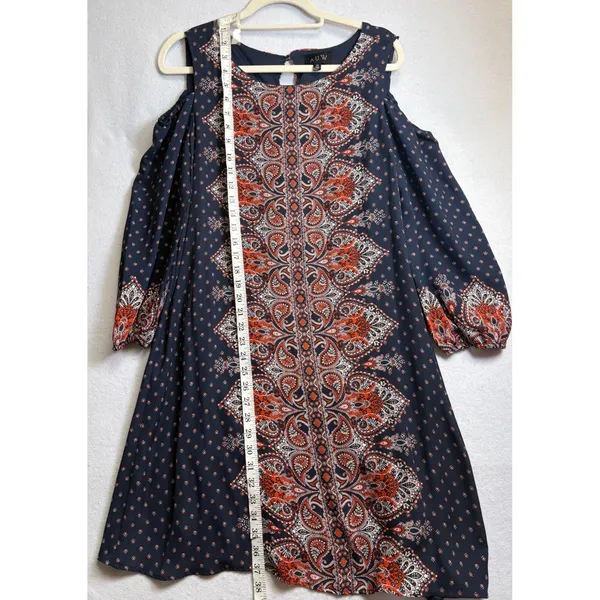 AUW Cold Shoulder Shift Dress Size 12 Navy Orange Paisley Boho 3/4 Sleeve 459477 - Image 11