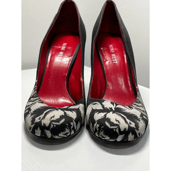 Nine West Womens Black Satin‎ Floral Toe Pumps Red Insole Size 6M High Heels - Image 2