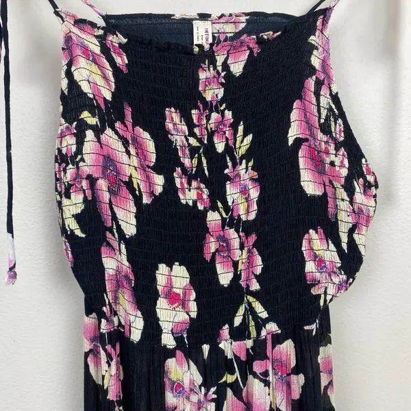 Intimately Free People Garden‎ Party Floral Maxi Dress S Smocked Black Pink Tie - Image 2