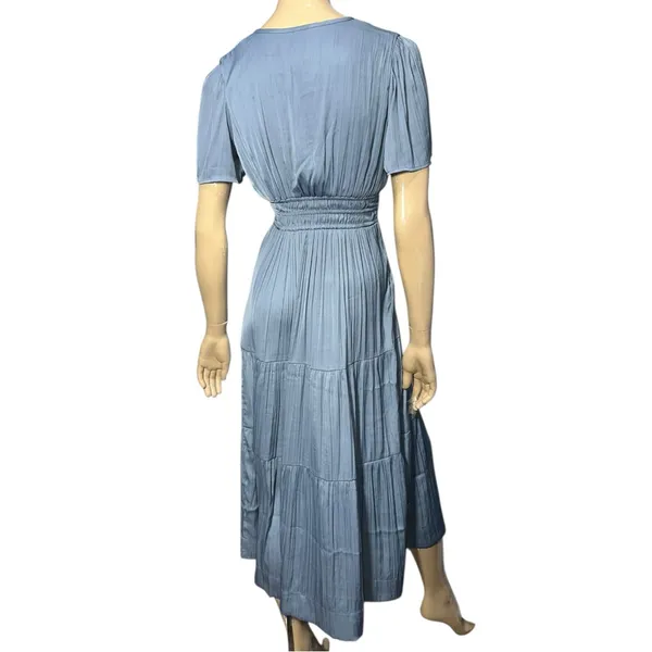 Joie Women’s Size S Dusty Blue V-Neck Smocked Waist Silky Flutter Sleeve Dress - Image 4