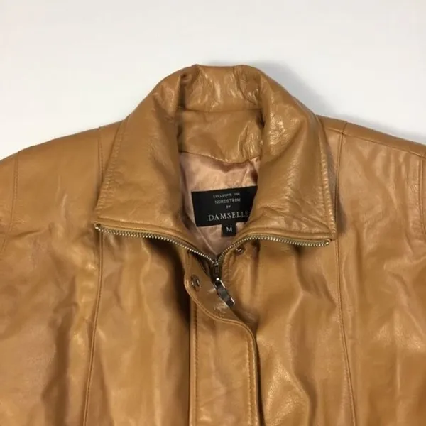 Damselle Nordstrom‎ Drawstring Waist Leather Jacket Tan Size M - Image 5