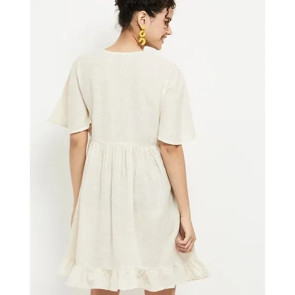 Max Women Cream Cotton Boho Embroidered V-Neck Ruffle Hem Mini Dress - Image 5