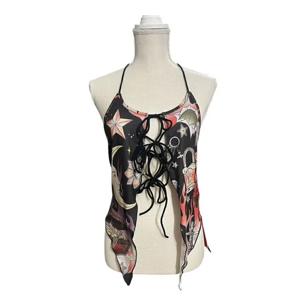 Romwe Black Multicolor Moon Floral Print Halter Top Size L Lace Up Open Back - Image 2