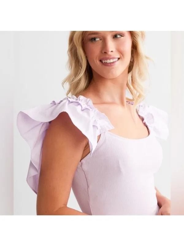 NWT Le Lis Ruffle Tank Ribbed Knit Sleeveless Bodysuit L Lavender Buckle - Image 3