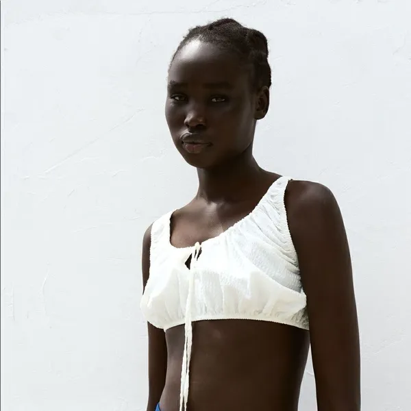 Zara‎ Textured Cotton Linen Blend Smocked Back Peasant Crop Top White Large NWT - Image 7