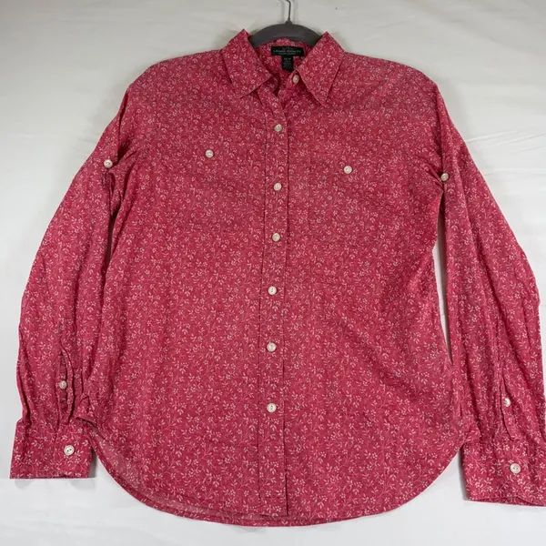 Lauren Ralph Lauren Red Floral Button Down Shirt XS Roll Tab Sleeve Cotton LRL‎ - Image 2