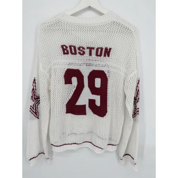 Boston 29 Mesh Knit Sweater Women Small White Burgundy Star - Image 3