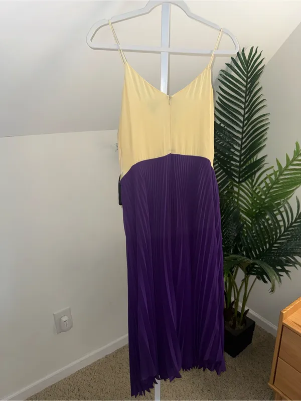 Delfi butter Yellow &‎ Purple Pleated Midi Dress with Glitter Bow Accent M - Image 3