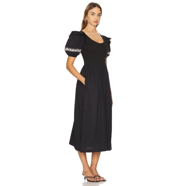 NWT!! CLEOBELLA‎ Selma Midi Dress Embroidered Black Ruffle Puff Sleeves X-Small - Image 5
