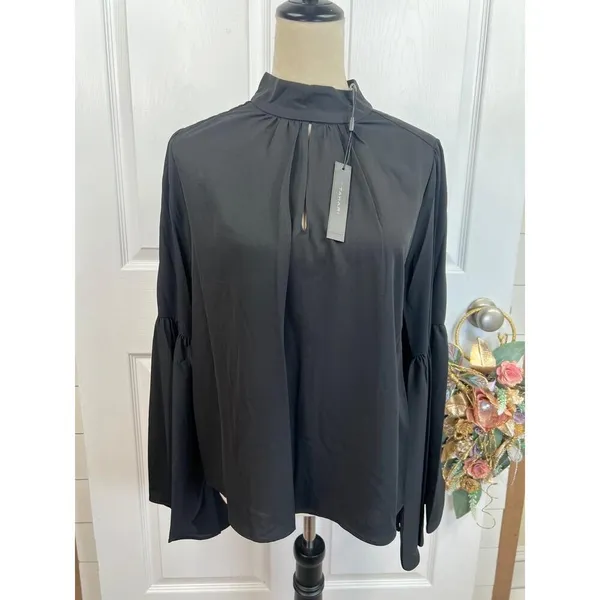 T Tahari Blouse Womens Size S Black Mock Neck Keyhole Large Bell Sleeve Chic - Image 4