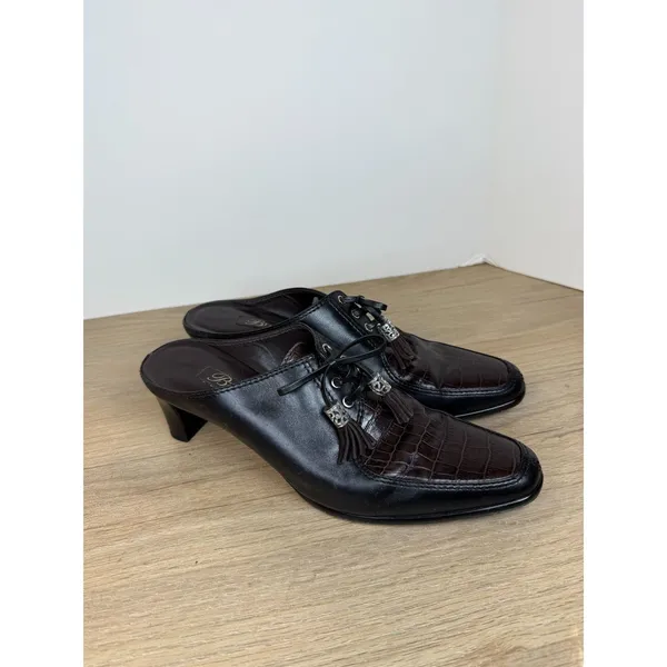 Bia Tassle Mules Women 8M Black Brown Croc Embossed Leather Lace Up Block Heel - Image 8