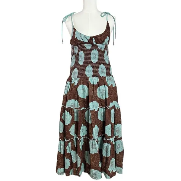 Free People Bohemian Beachy Hawaiian Adriel Midi Dress Brown Blue Floral Small - Image 7