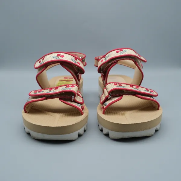 Wild Pair Kirsche Raffia Sandals 7 Tan Red Cherry Embroidered Platform Flatform - Image 3
