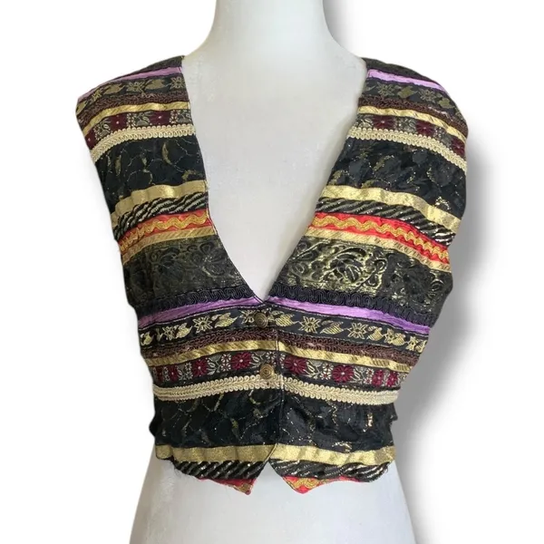 Vintage Vest Eclectic Lace Ribbon Trimmed Boho Cropped Waistcoat Art To Wear - Image 2
