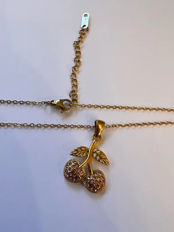 Pink cherry charm zirconia gold necklace - Image 2