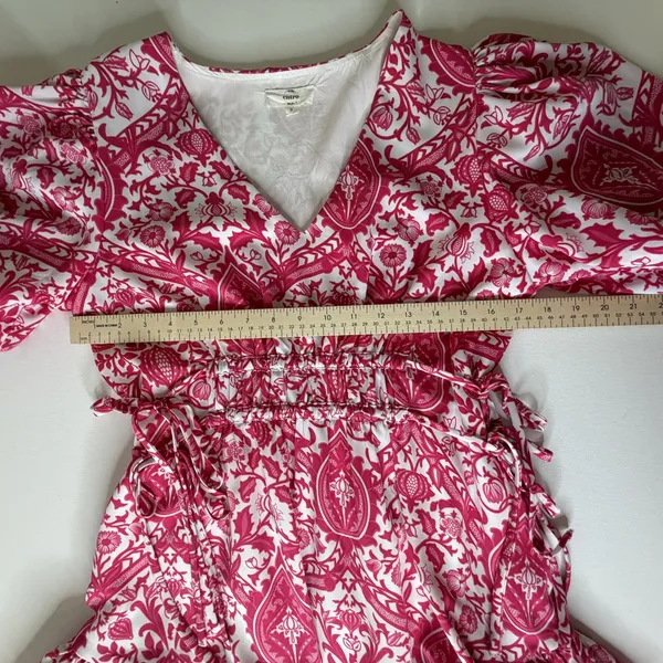 Entro Pink Damask Print V-Neck Smocked Mini Dress Small Vibrant Festival Girly - Image 12