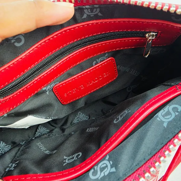 Steve Madden Red Vegan Leather Half Moon Crossbody‎ Bag with Logo Webbing Strap - Image 3