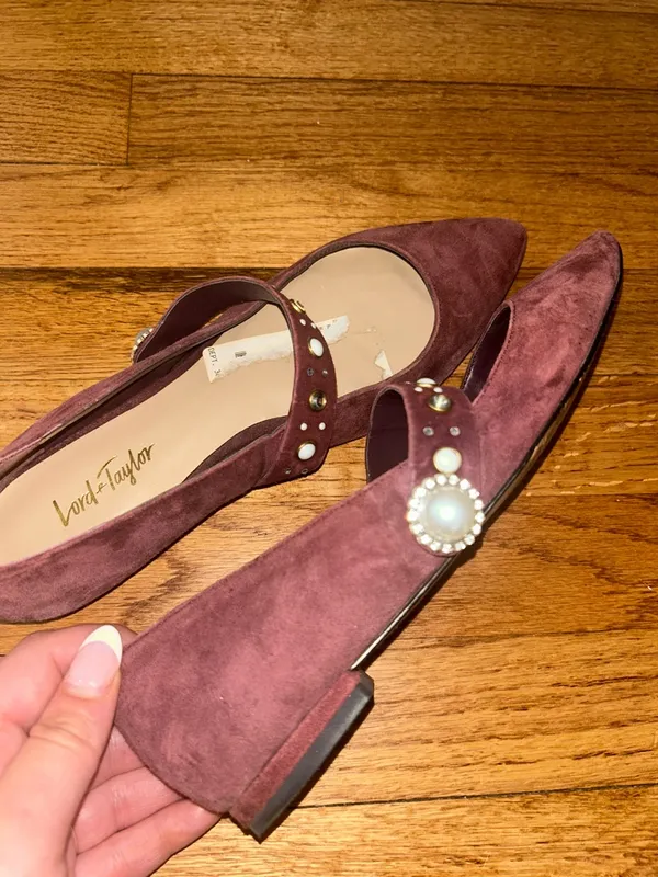 Lord & Taylor Designer Merlot Suede Pointed Mary Jane Flats with Studded Straps - Image 8