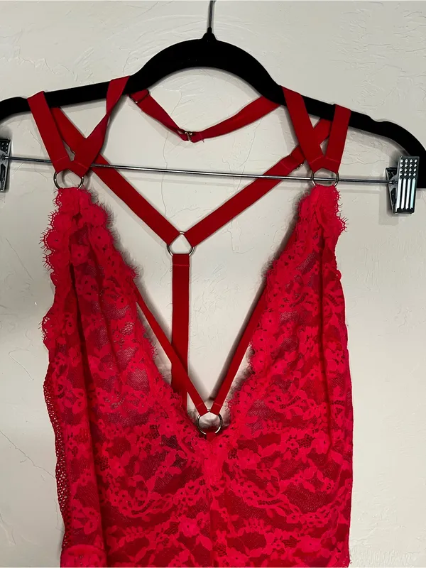 Victoria’s Secret Red Unlined Lace And Mesh Harness Lingerie - Image 2
