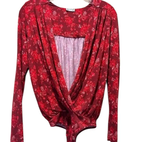 Free People Everything’s Rosy Red Long Sleeve Bodysuit Size L - Image 4