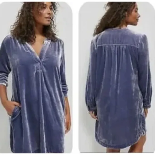 Anthropologie Melody Velvet‎ Tunic Dress Long Sleeve Pockets Size XS Slate Blue - Image 2