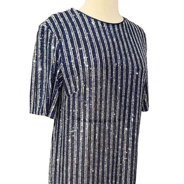 Anthropologie Flat White Sequin Stripe Midi Dress Womens M Blue Evening Cocktail - Image 4