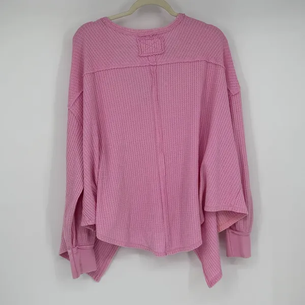 We The Free Free People Pink Waffle Knit Asymmetrical V-Neck Thermal Top S - Image 2