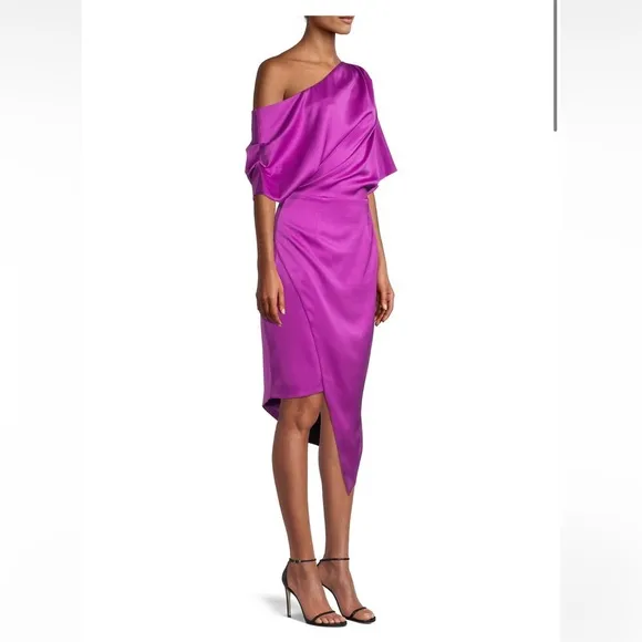 Elliatt Carson Satin One Shoulder Asymmetric‎ Midi Dress Purple Orchid New - Image 3