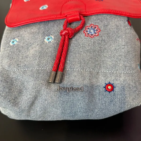 Desigual Floral Embroidered Mandala Denim Backpack Red Blue Mix Media Braided - Image 12