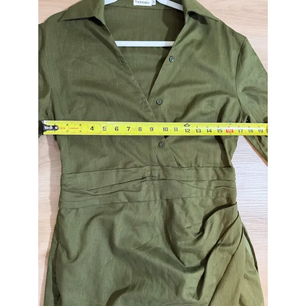 MODESEES Dress Olive M Womens Ruched Faux Wrap‎ Long Sleeve Midi Modest - Image 3