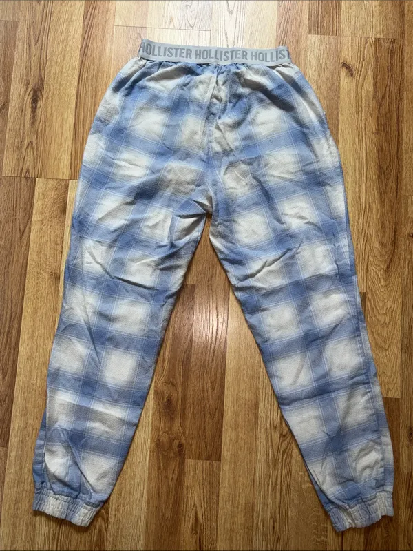 Hollister Women’s Light Blue and White Plaid Flannel Pajama Set - Image 8