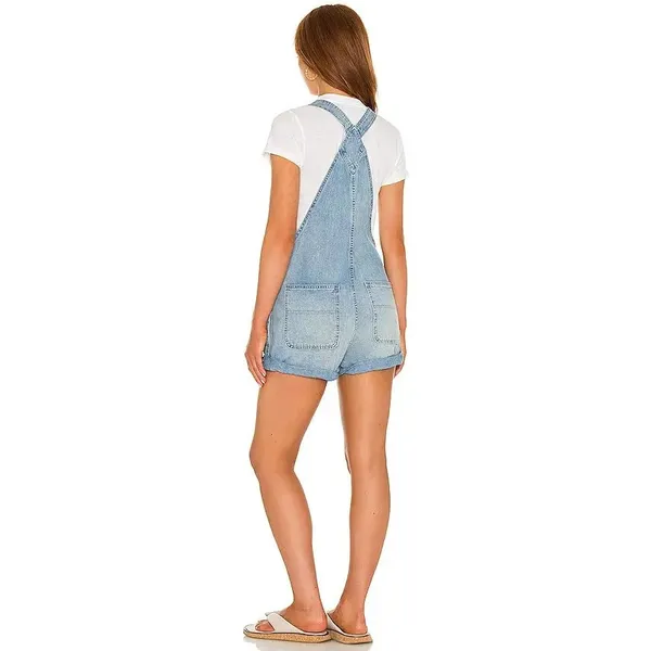 Free People We The Free Blue Cotton Baggy Cuffed Shortall Overall Denim Shorts - Image 5