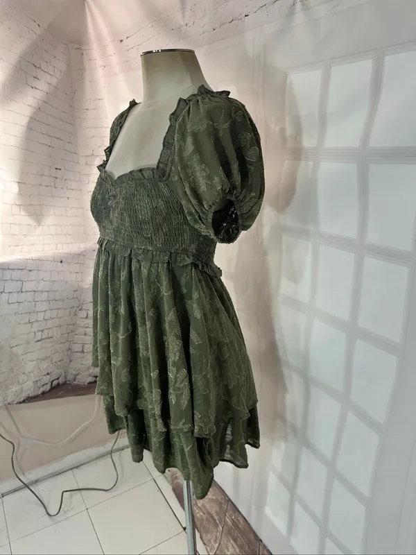 Altar’d State Olive Green Smocked Jacquard Puff Sleeve Layered Mini Dress Small - Image 3