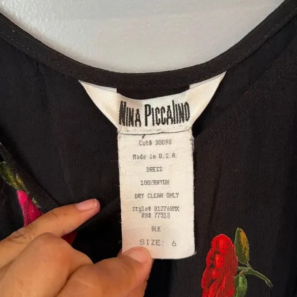 Vintage Nina Piccalino Size 6 Black Rose Floral Rayon Maxi Dress Slits Made in U - Image 7