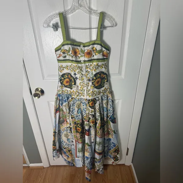 Farm Rio Multicolor Latin Trip Scarves Organic Cotton Midi Dress S - Image 3