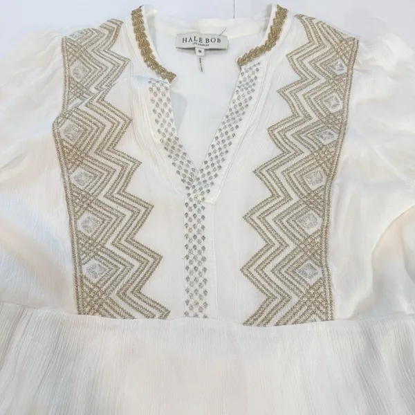 Hale Bob White Gold Embroidered Boho V Neck Tiered Gauze Taliah Dress MEDIUM - Image 8