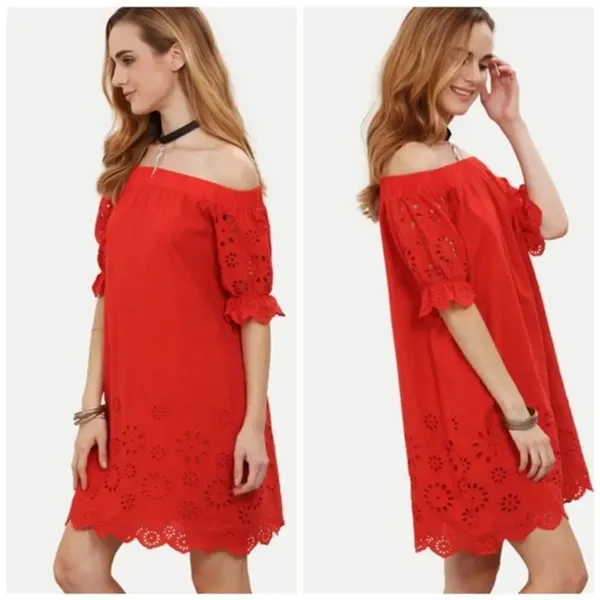 ✨Red Off The Shoulder Half Sleeve Hollow Dress✨ - Image 4