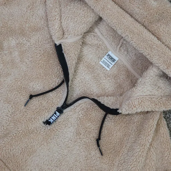 PINK Victoria's Secret Sherpa Teddy‎ Fleece Hoodie XS Beige Quarter Zip Pullover - Image 2