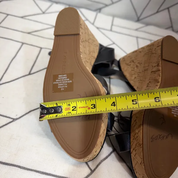 Express Wedge Sandals 10 Black Cork Platform‎ Strappy Buckle Heels nwt - Image 9