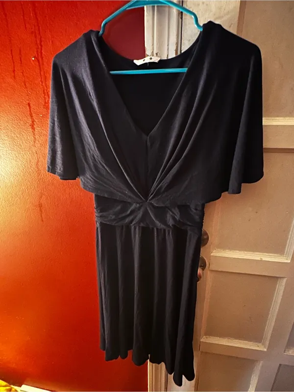 Three Dots EM595 Flutter Sleeve V-Neck Midi Dress Navy Blue Medium Twist Frontl - Image 4