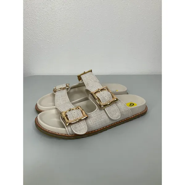 Jason Wu Womens Cream Linen‎ Double Buckle Slide Sandals Gold Bamboo Detail 9 - Image 3