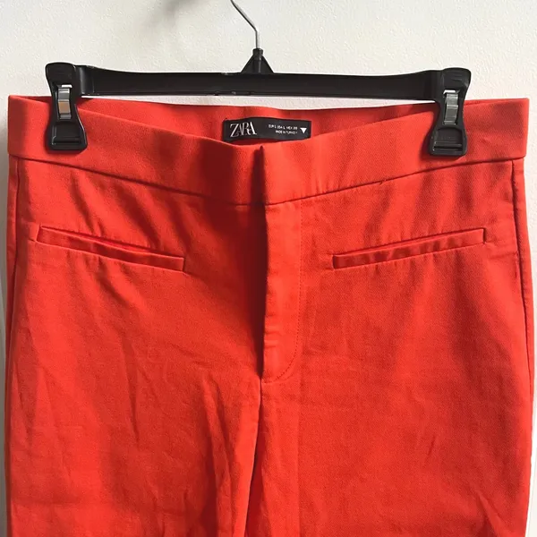 Zara Trousers Womens Large Orange Red Ankle Cropped Flare High Rise Slim Pants - Image 4
