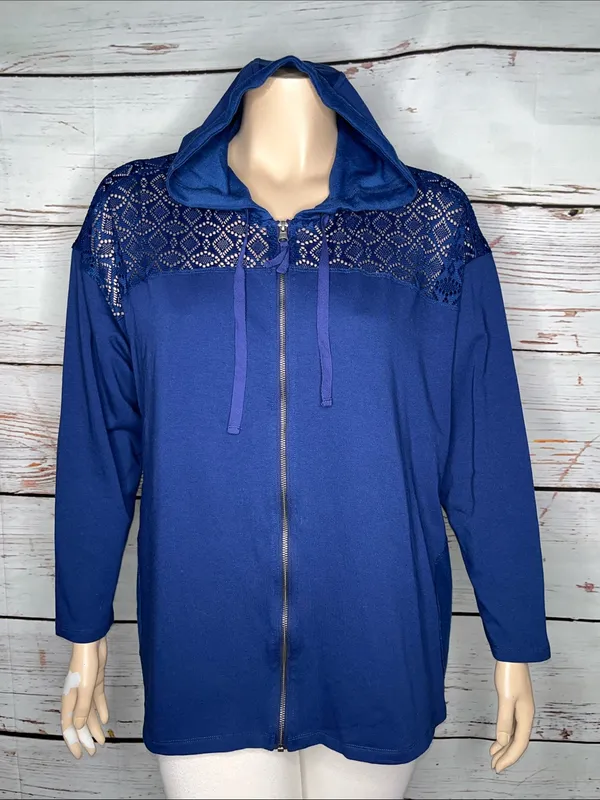 LOGO Lounge Lori Goldstein 2X Blue - Eyelet Lace Zip Front Knit Jacket w/ Hood - Image 2