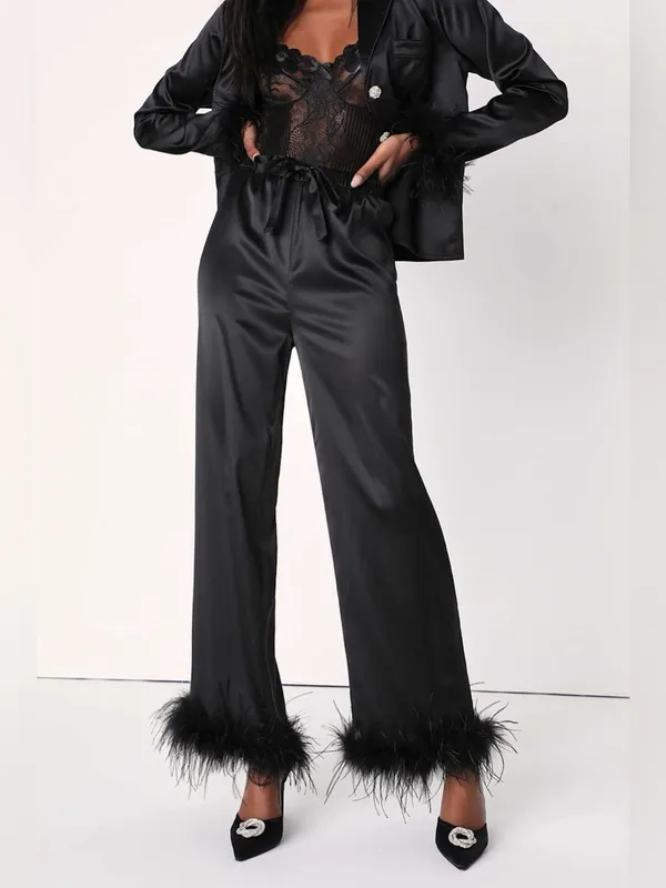 LULU’S Dreamiest Delight Black Satin Feather Two-Piece Pajama Set - Image 7