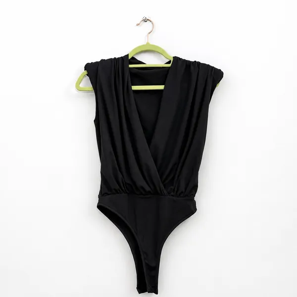 Black Ruched Surplice V Neck Sleeveless Bodysuit Sz L - Image 2