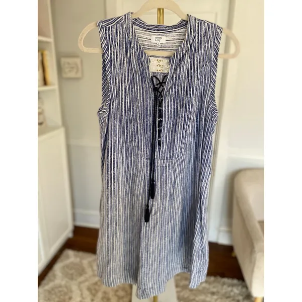 Crown And Ivy Linen Mini Dress Blue White Striped Tassel Quiet Luxury Old‎ Money - Image 2