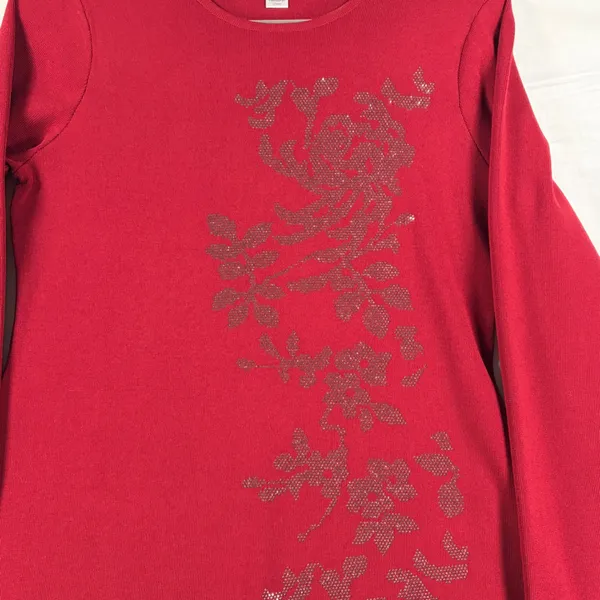 London Times Deep Red Rhinestone Floral Knit A-Line Dress Long Sleeve Large NEW - Image 6